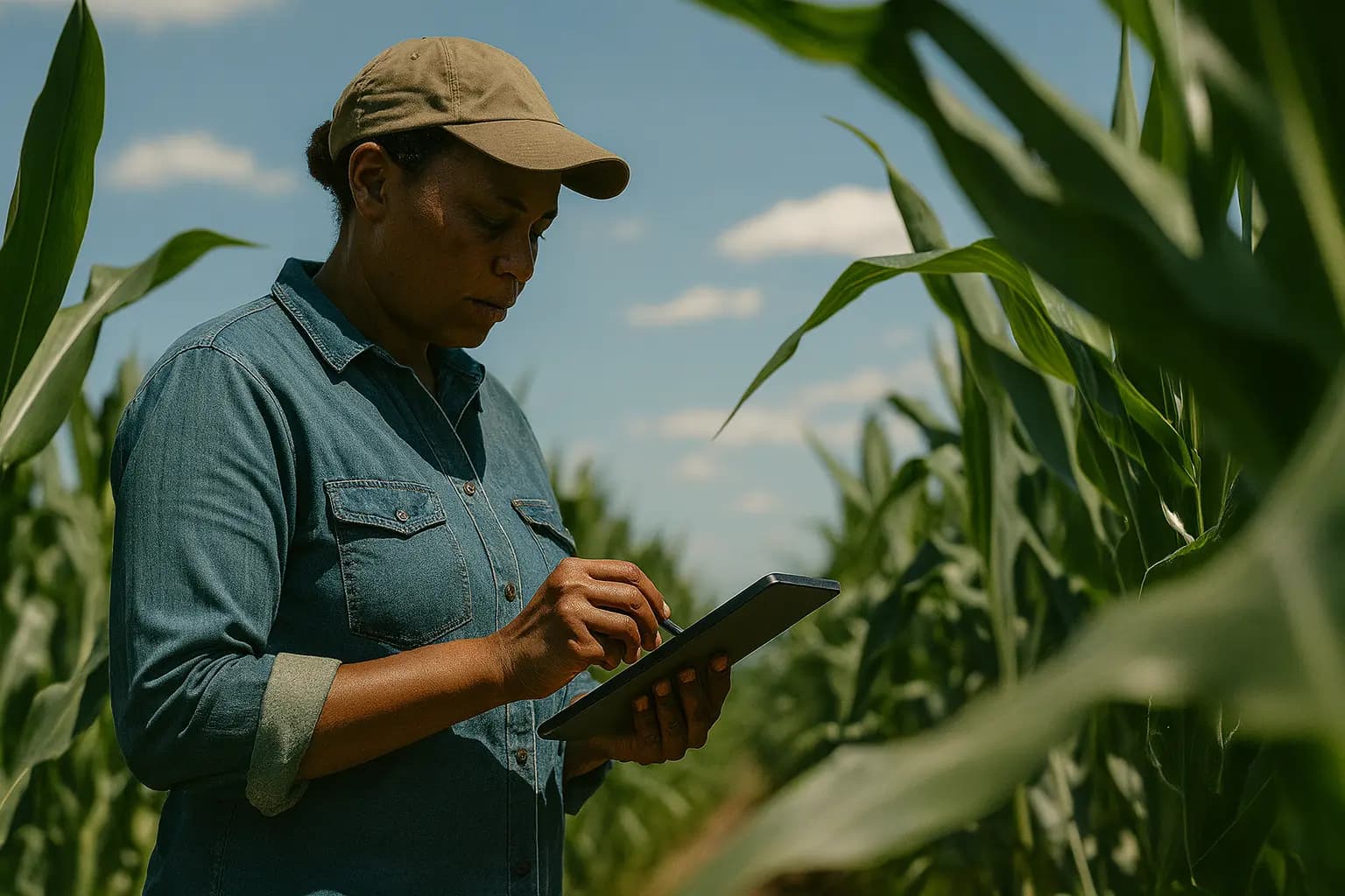 A farmer checking a tablet in a field of maize